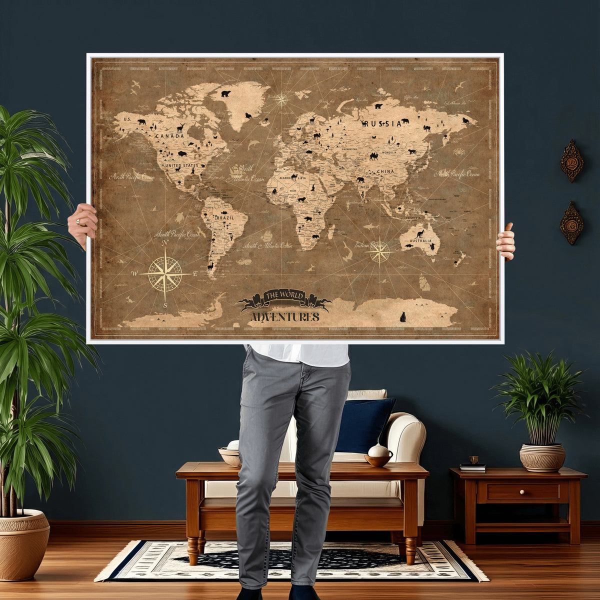 16235283-MGV-CV-36X24 - Custom World Travel Map Wall Art with Pins, Family Travel Tracker, Living Room and Bedroom Decor