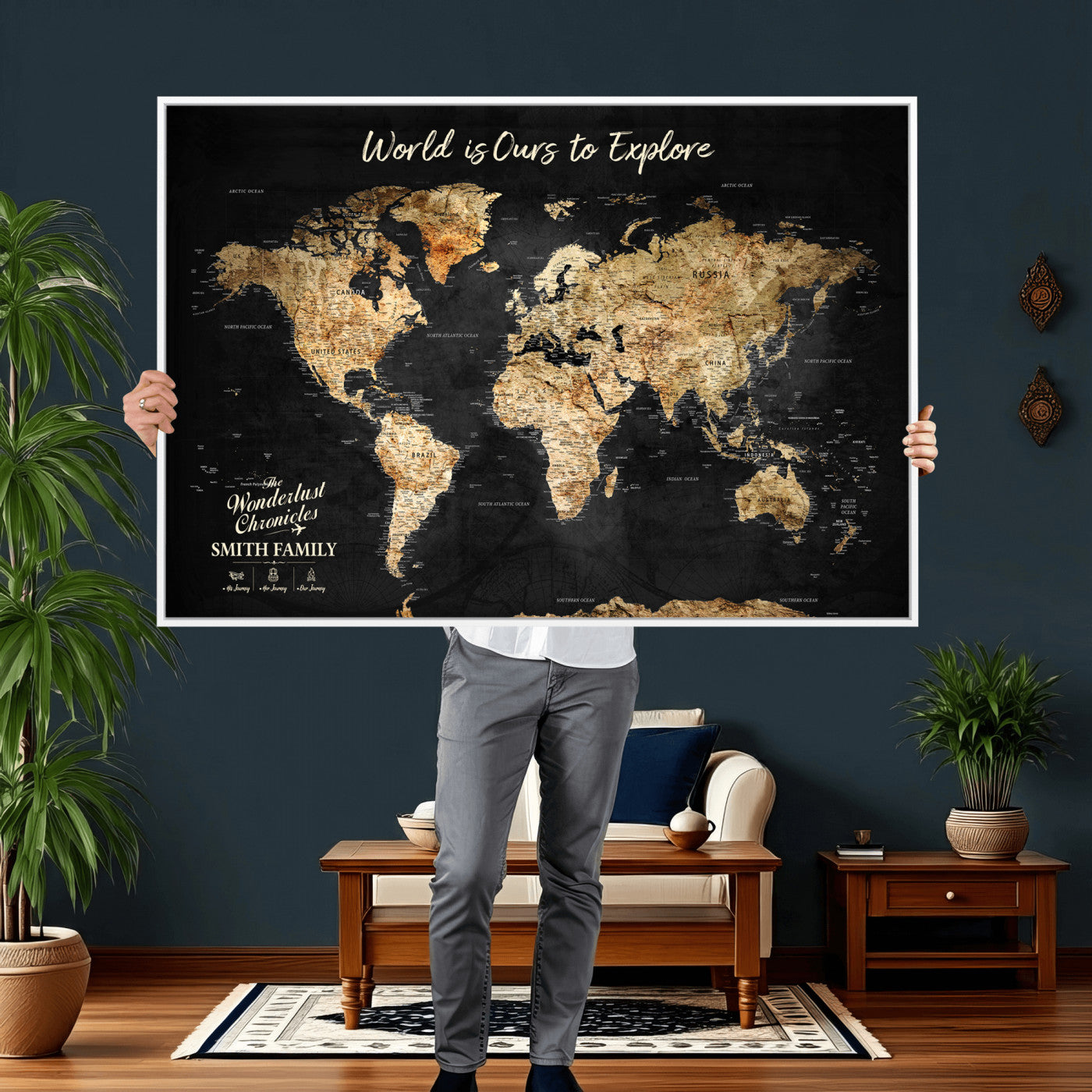 73732636-MGV-CV-36X24 - Custom Push Pin World Map Wall Art Canvas Print – Personalized Travel Tracker with Pins Framed Large for Home and Office Decor