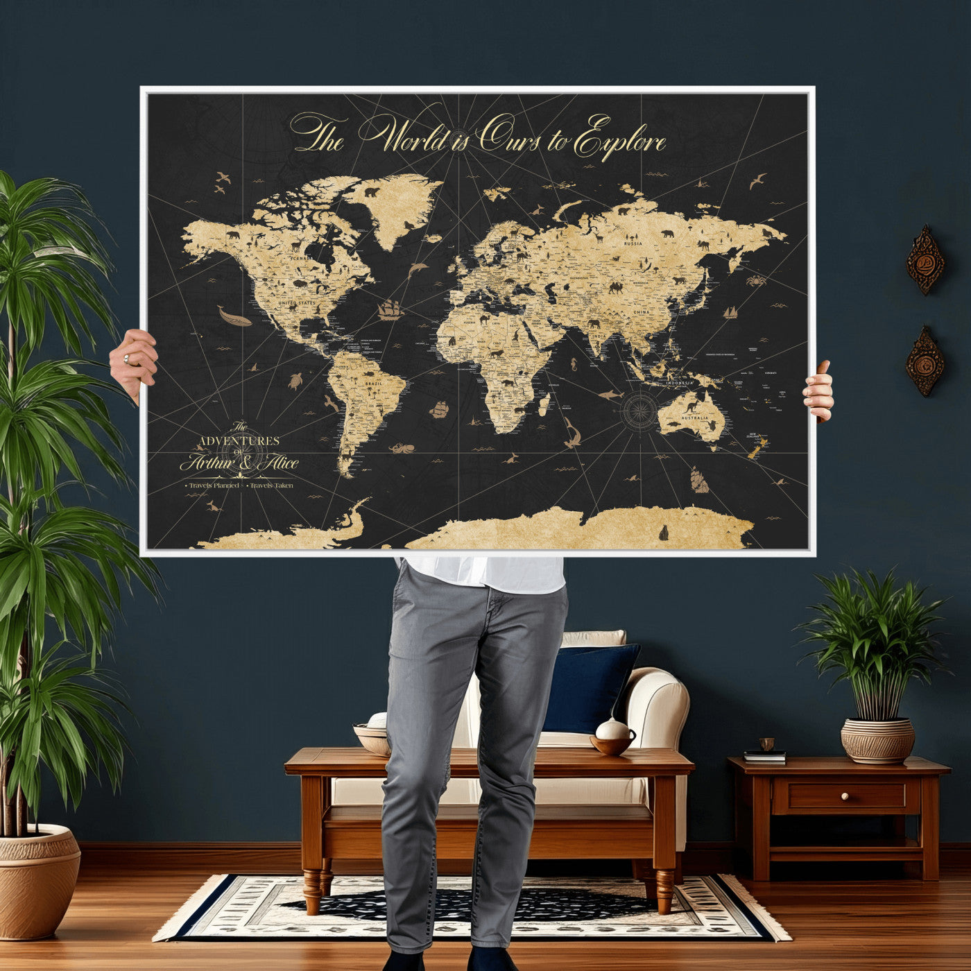 54097664-MGV-CV-36X24 - Custom Push Pin World Map Wall Art Canvas Print – Personalized Travel Tracker with Pins Framed Large for Home and Office Decor