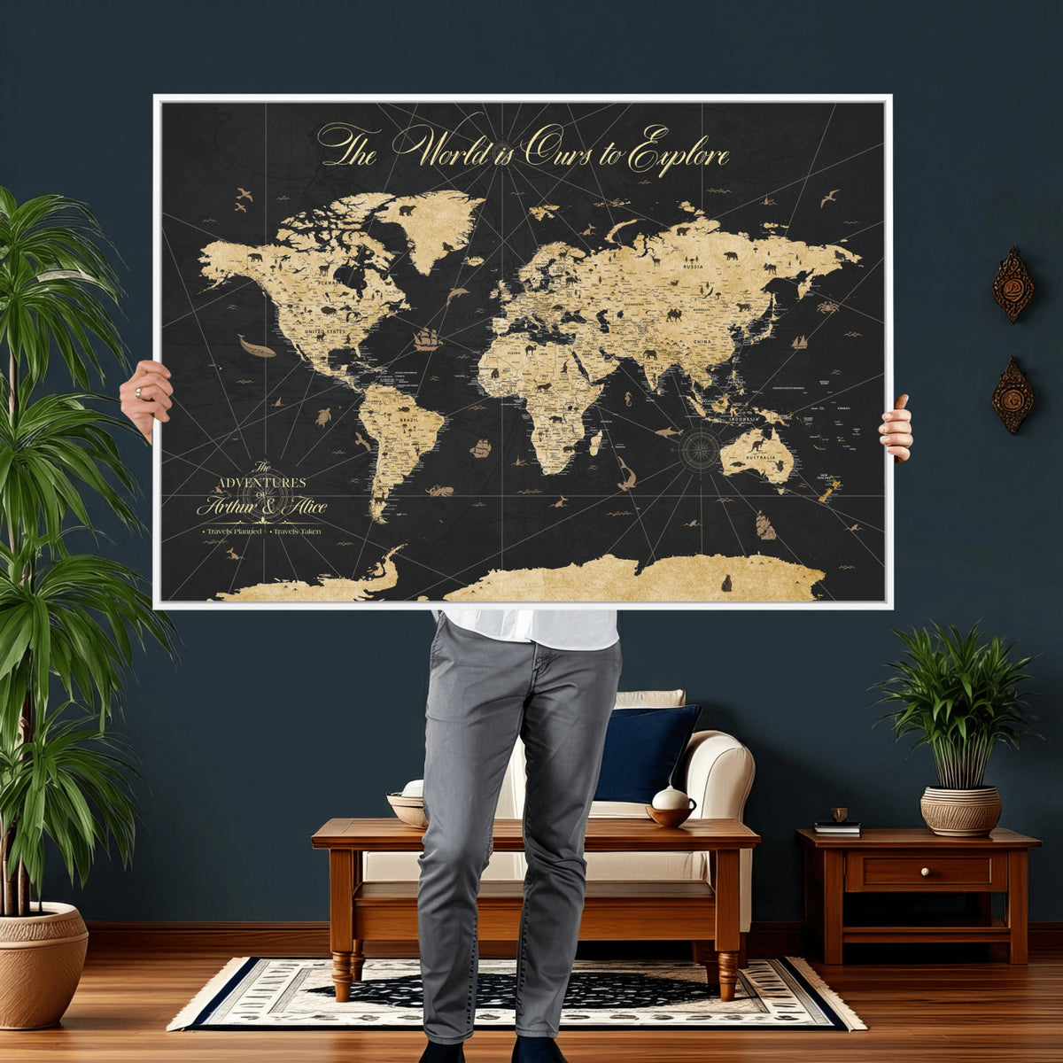 54097664-MGV-CV-36X24 - Custom Push Pin World Map Canvas Print, Couples Countries Visited Map, Living Room and Home Office Decor