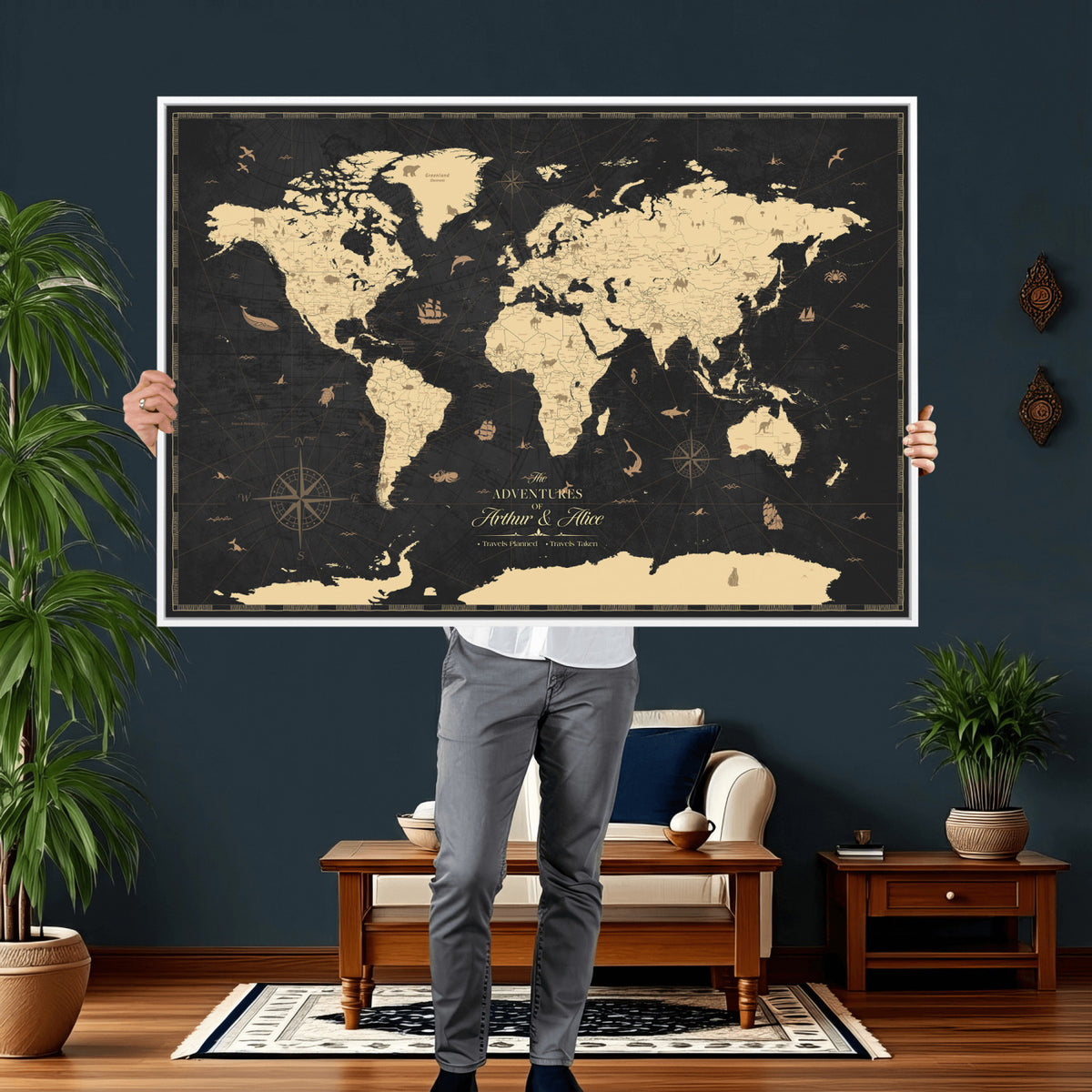 23208482-MGV-CV-36X24 - Custom Push Pin World Map Wall Art Canvas Print | Personalized Travel Tracker with Pins Framed Large for Home and Office Decor