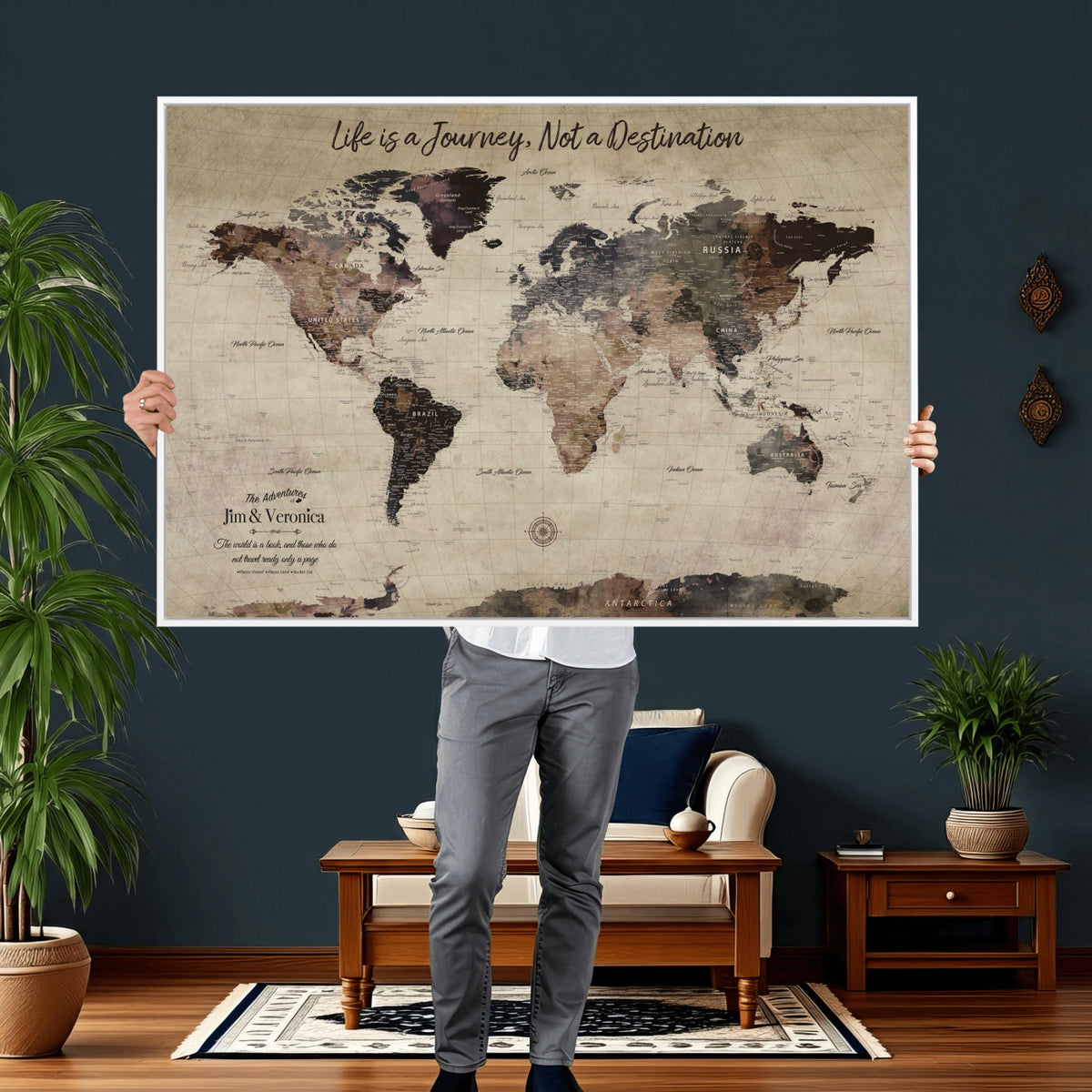 58257942-MGV-CV-36X24 - Custom Push Pin World Map Wall Art Canvas Print | Personalized Travel Tracker with Pins Framed Large for Home and Office Decor