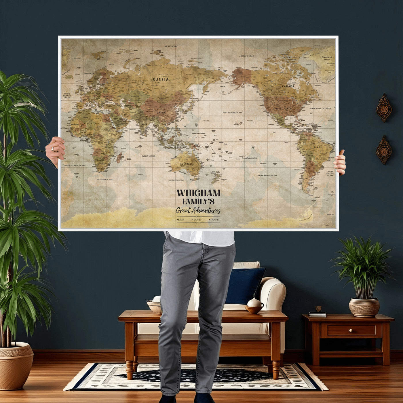 98110883-MGV-CV-36X24 - Custom Push Pin World Map Wall Art Canvas Print – Personalized Travel Tracker with Pins Framed Large for Home and Office Decor