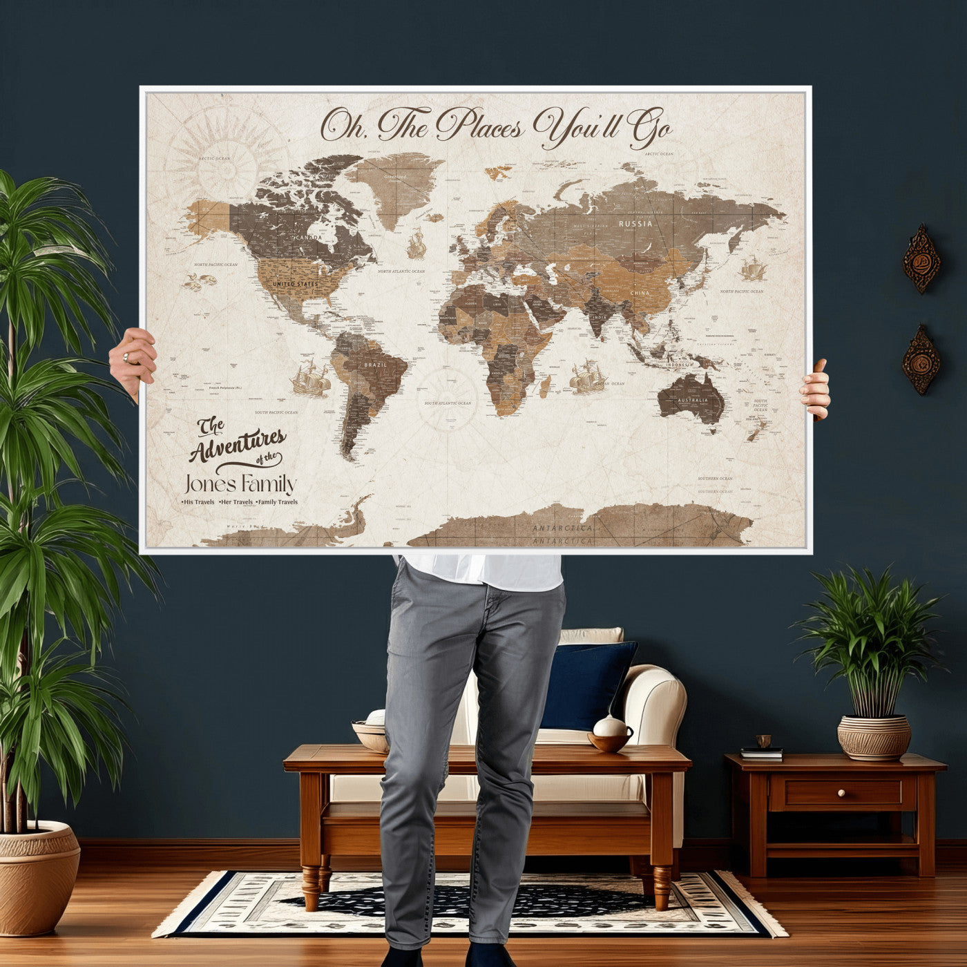 99085321-MGV-CV-36X24 - Custom Push Pin World Map Wall Art Canvas Print – Personalized Travel Tracker with Pins Framed Large for Home and Office Decor
