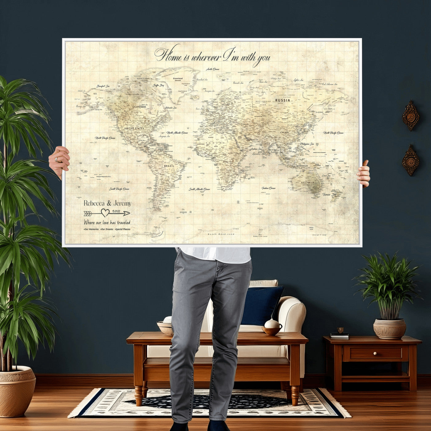 30705590-MGV-CV-36X24 - Custom Push Pin World Map Wall Art Canvas Print – Personalized Travel Tracker with Pins Framed Large for Home and Office Decor