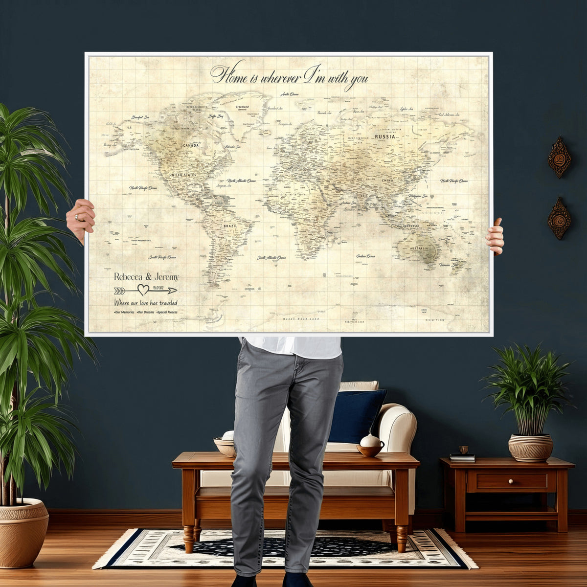 30705590-MGV-CV-36X24 - Custom Push Pin World Map Wall Art Canvas Print | Personalized Travel Tracker with Pins Framed Large for Home and Office Decor