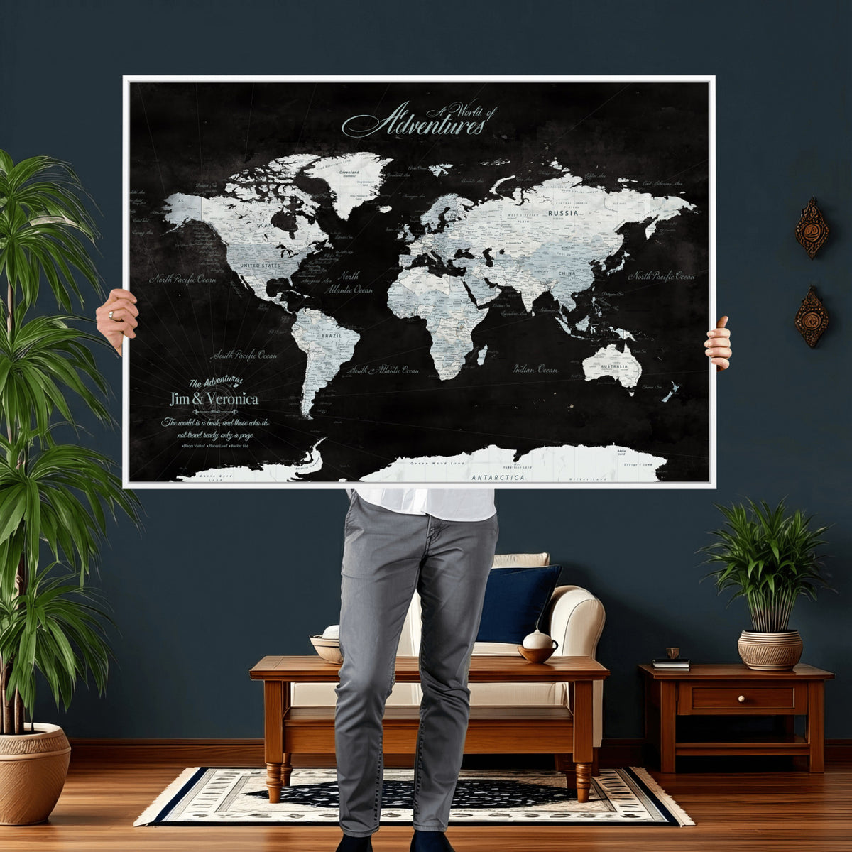 67491071-MGV-CV-36X24 - Custom Beige World Travel Map Wall Art with Pins, Places Visited Tracker, Bedroom and Home Office Decor