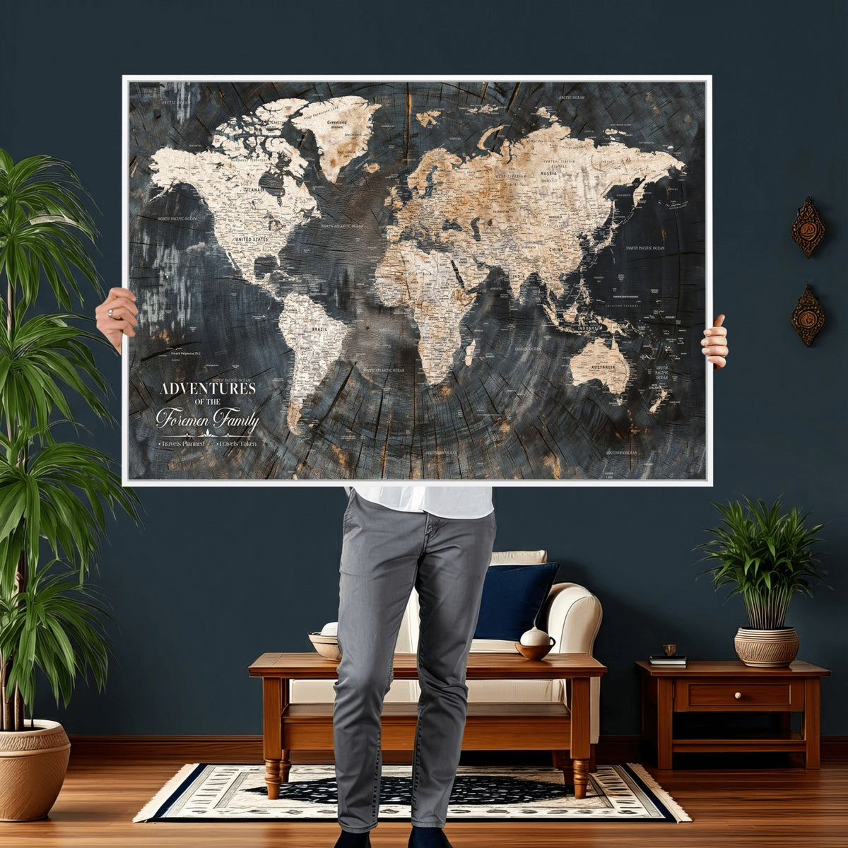 77865338-MGV-CV-36X24 - Personalized Framed Beige Push Pin World Map Canvas Print, Bucket List Map, Living Room and Hallway Decor