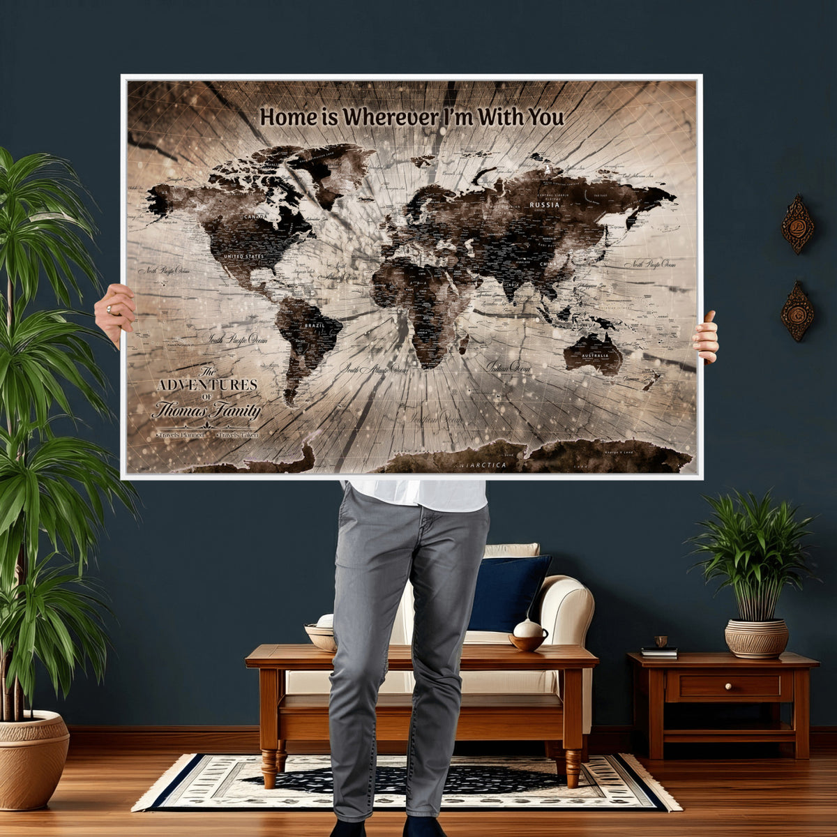 12350515-MGV-CV-36X24 - Personalized Push Pin World Map Wall Art Canvas Print, Customizable Framed Travel Map - NEWMAP-085
