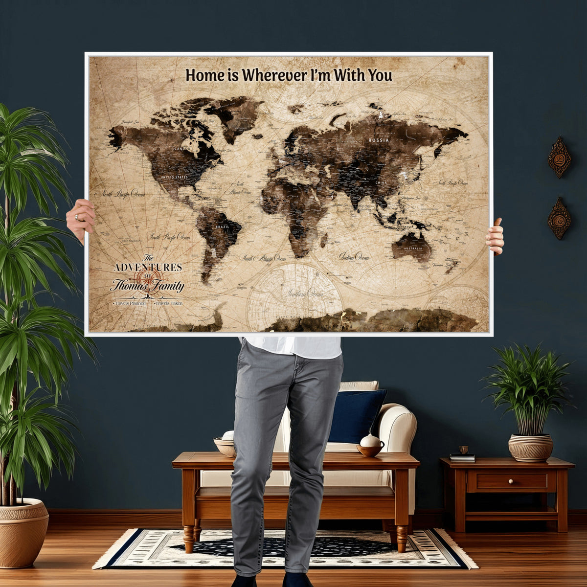 74771891-MGV-CV-36X24 - Personalized Framed Beige Modern World Travel Map Wall Art with Pins, Family Adventure Map, Living Room and Hallway Decor