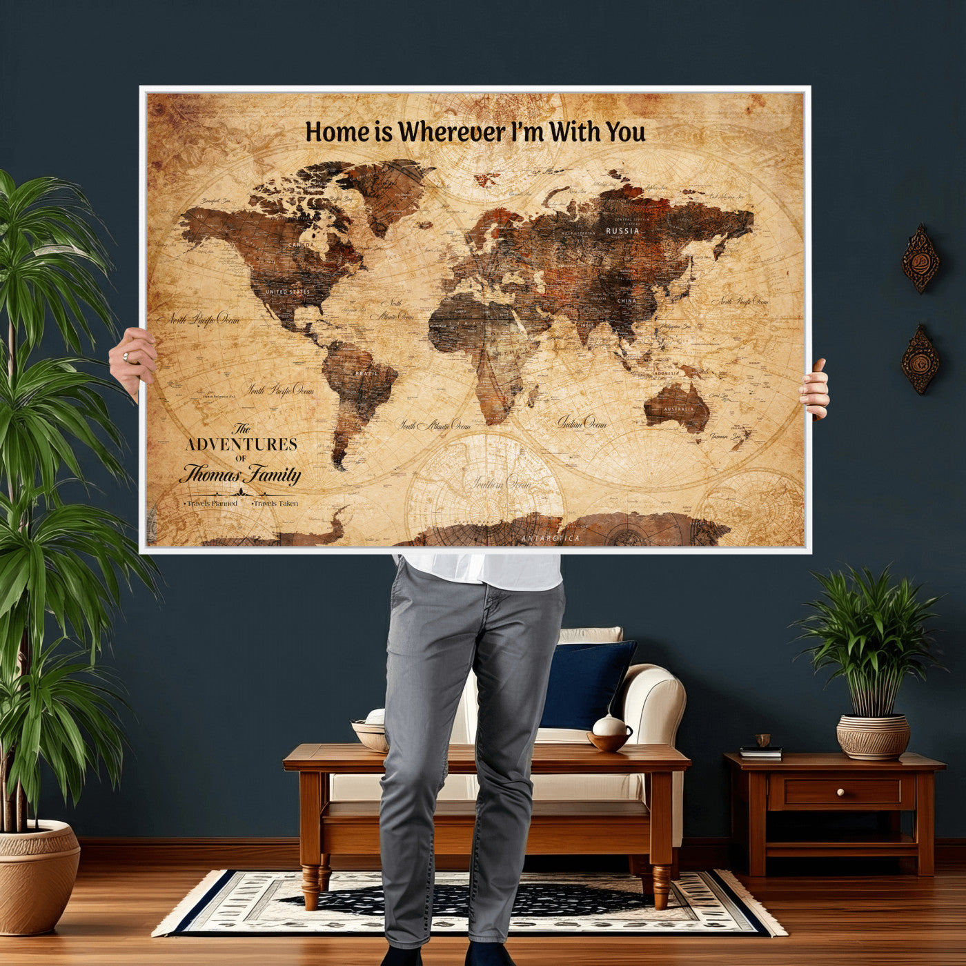 47310001-MGV-CV-36X24 - Custom Push Pin World Map Wall Art Canvas Print – Personalized Travel Tracker with Pins Framed Large for Home and Office Decor