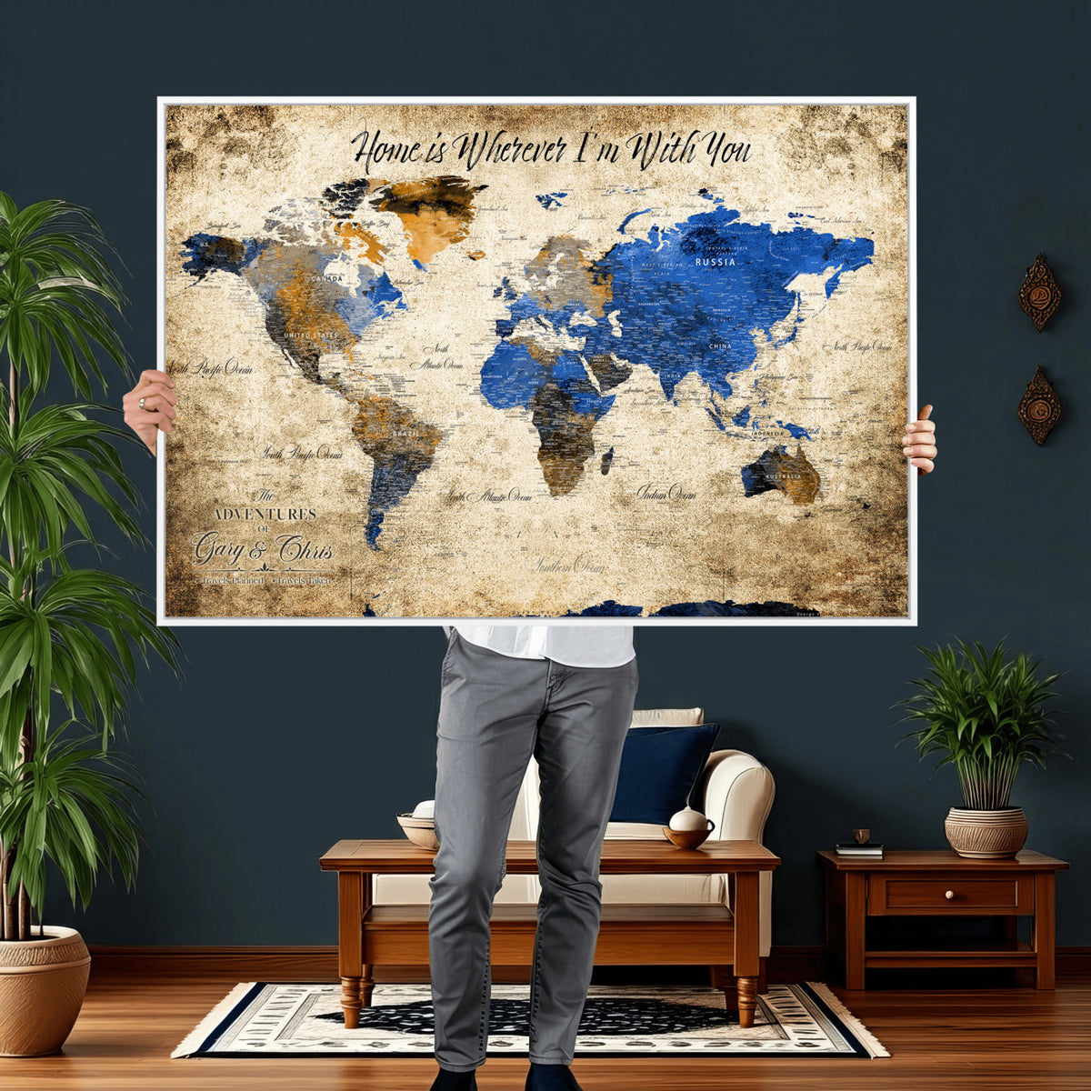 13332533-MGV-CV-36X24 - Personalized Framed Beige World Map Canvas with Push Pins, Honeymoon and Anniversary Gift, Living Room and Home Office Decor