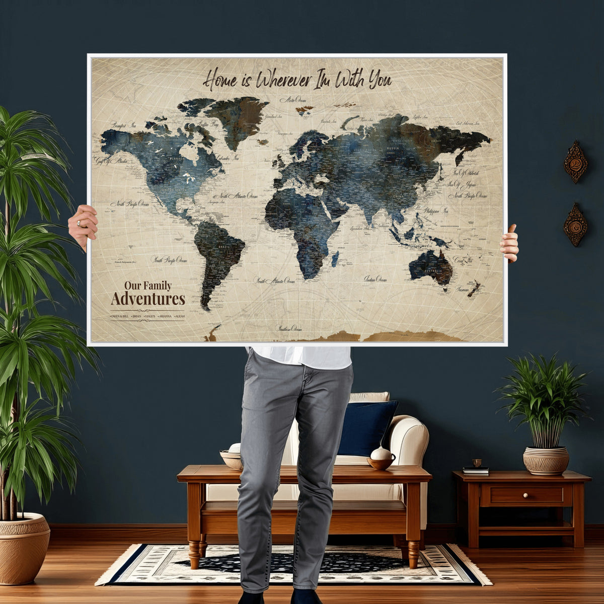51383535-MGV-CV-36X24 - Personalized Framed Black Modern Push Pin Travel Map Canvas Print, Family Travel Tracker, Home Office and Entryway Decor