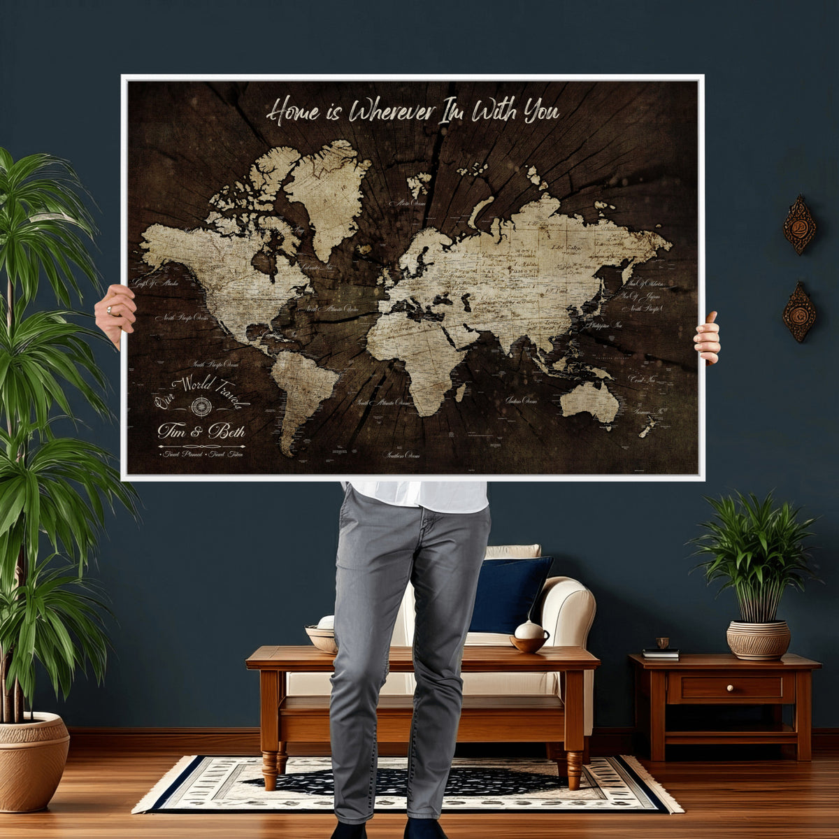 46573259-MGV-CV-36X24 - Personalized Watercolor Push Pin World Map Canvas Wall Art, Custom Framed Travel Map - NEWMAP-094