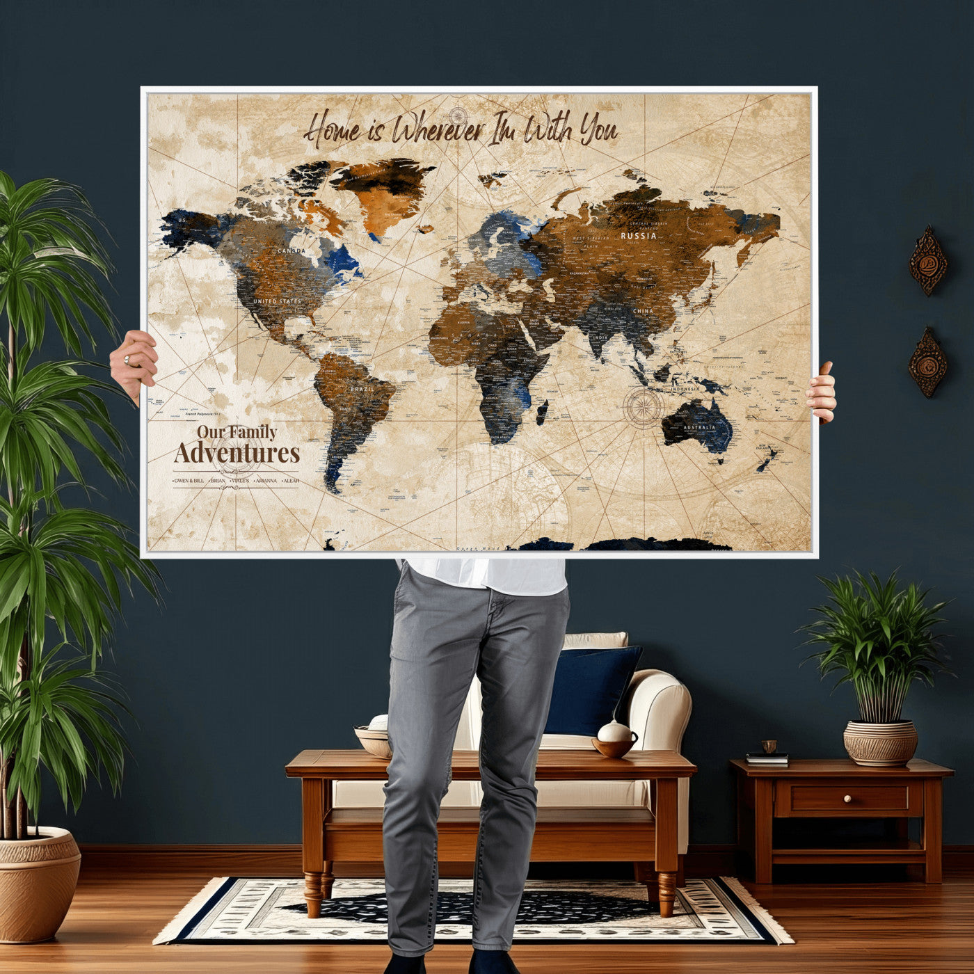 20227642-MGV-CV-36X24 - Custom Push Pin World Map Wall Art Canvas Print – Personalized Travel Tracker with Pins Framed Large for Home and Office Decor