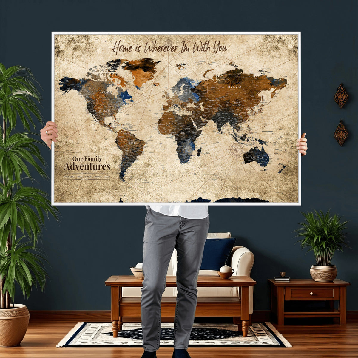 17548029-MGV-CV-36X24 - Personalized Framed Beige Modern Push Pin World Map Canvas Print, Bucket List Map, Home Office and Study Decor