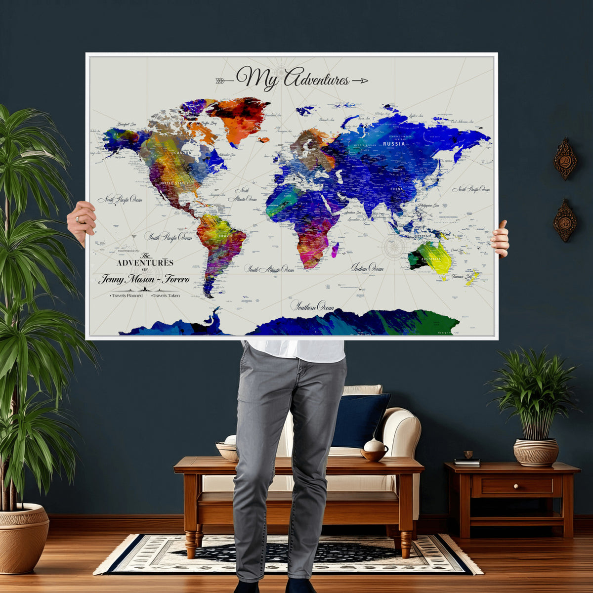 45423989-MGV-CV-36X24 - Detailed Custom Framed Beige Modern World Map Canvas with Push Pins, Honeymoon and Anniversary Gift, Dining Room and Home Office Decor