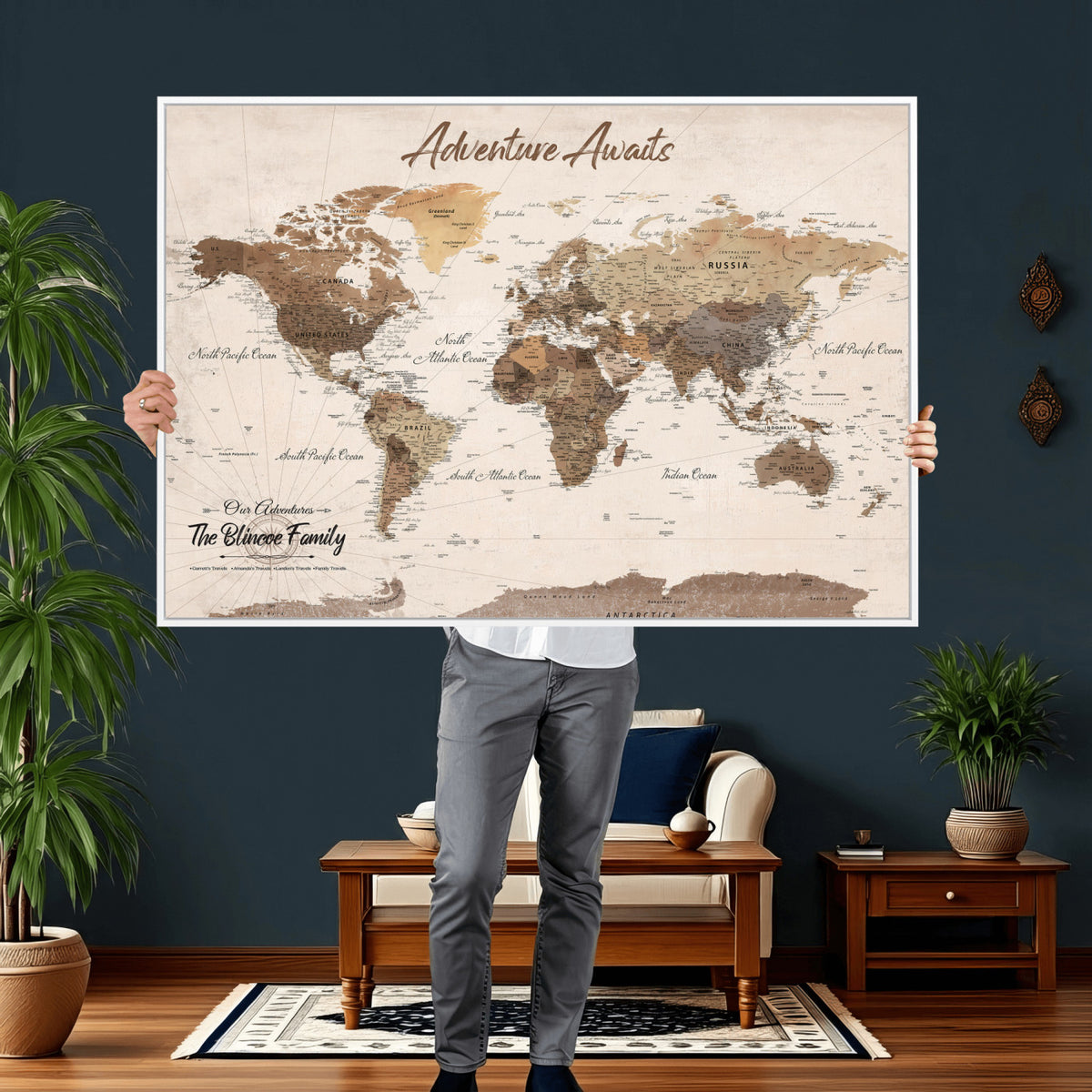 64110351-MGV-CV-36X24 - Custom Framed White Modern World Map Canvas with Push Pins, Places Visited Tracker, Dining Room and Entryway Decor