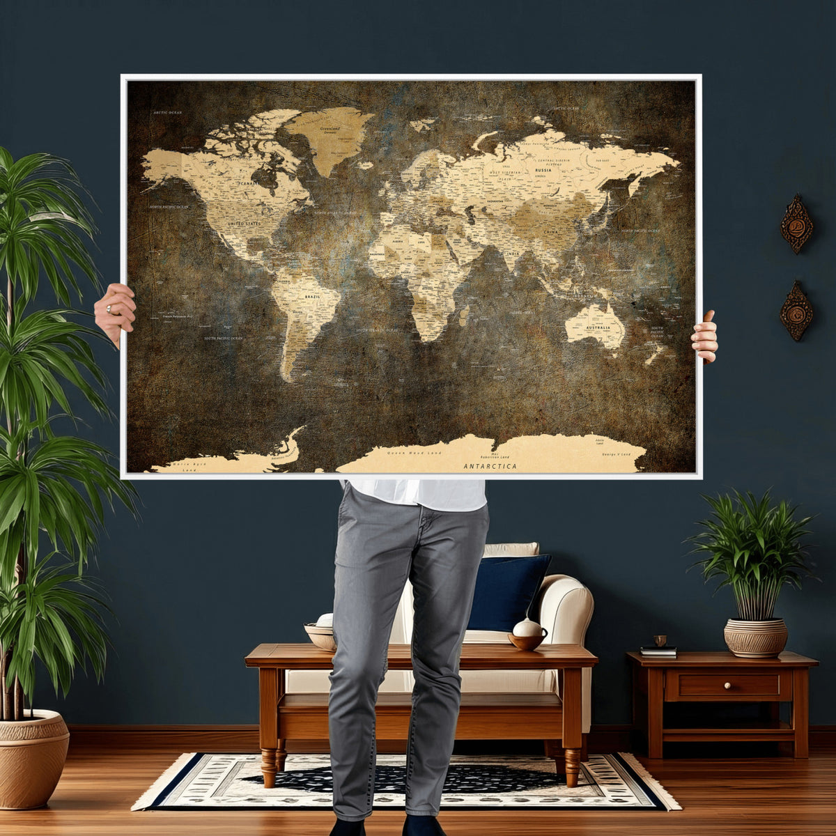 89742472-MGV-CV-36X24 - Large Framed Vintage World Map Wall Art Print for Home Wall