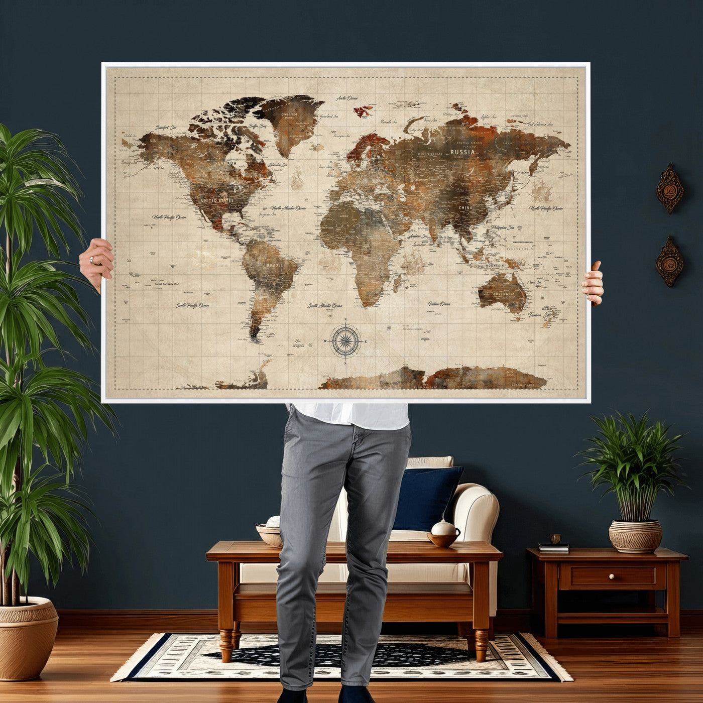 23610090-MGV-CV-36X24 - World Map Wall Art Canvas Print, Modern Decorative Framed Map Artwork Prints for Living Room, Office, Bedroom Wall Decor