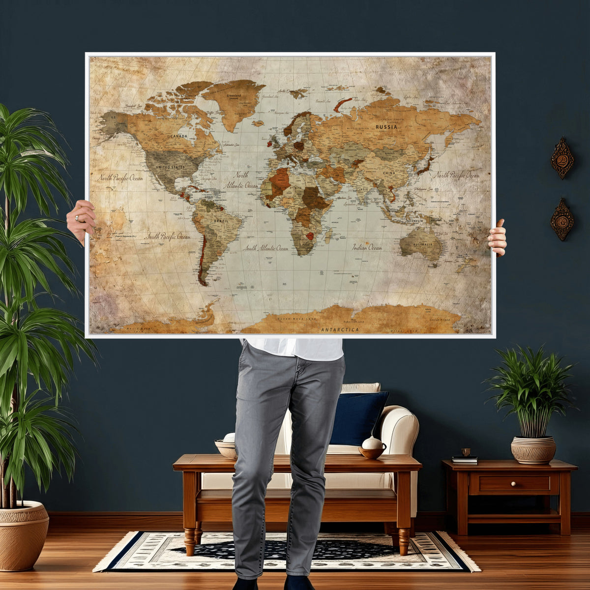 74176056-MGV-CV-36X24 - World Map Wall Art Canvas Print, Modern Decorative Framed Map Artwork Prints for Living Room, Office, Bedroom Wall Decor