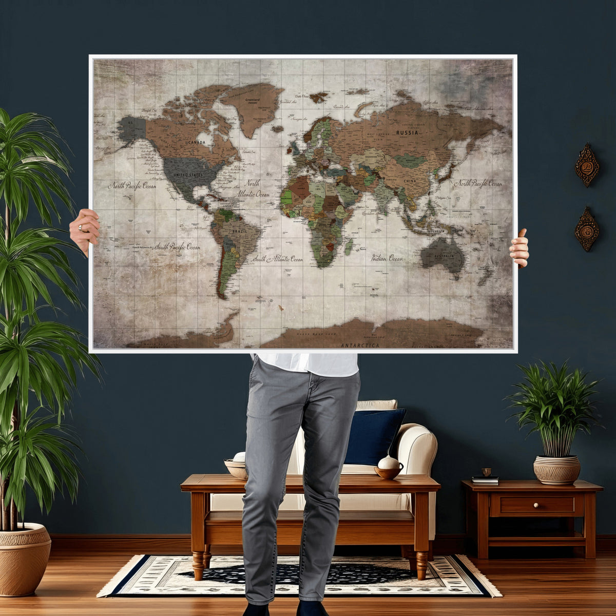 65393892-MGV-CV-36X24 - World Map Wall Art Canvas Print, Modern Decorative Framed Map Artwork Prints for Living Room, Office, Bedroom Wall Decor