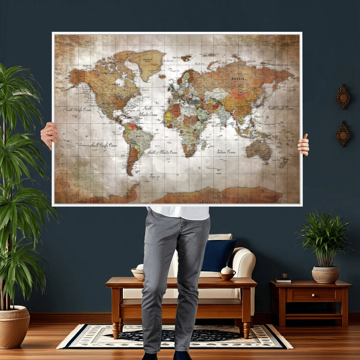 51643807-MGV-CV-36X24 - World Map Wall Art Canvas Print, Modern Decorative Framed Map Artwork Prints for Living Room, Office, Bedroom Wall Decor