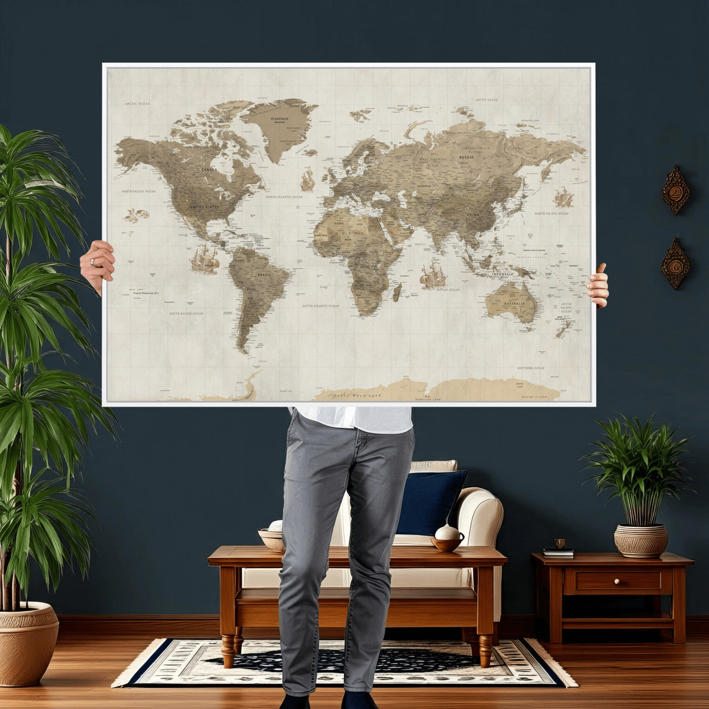 28283260-MGV-CV-36X24 - World Map Wall Art Canvas Print, Modern Decorative Framed Map Artwork Prints for Living Room, Office, Bedroom Wall Decor