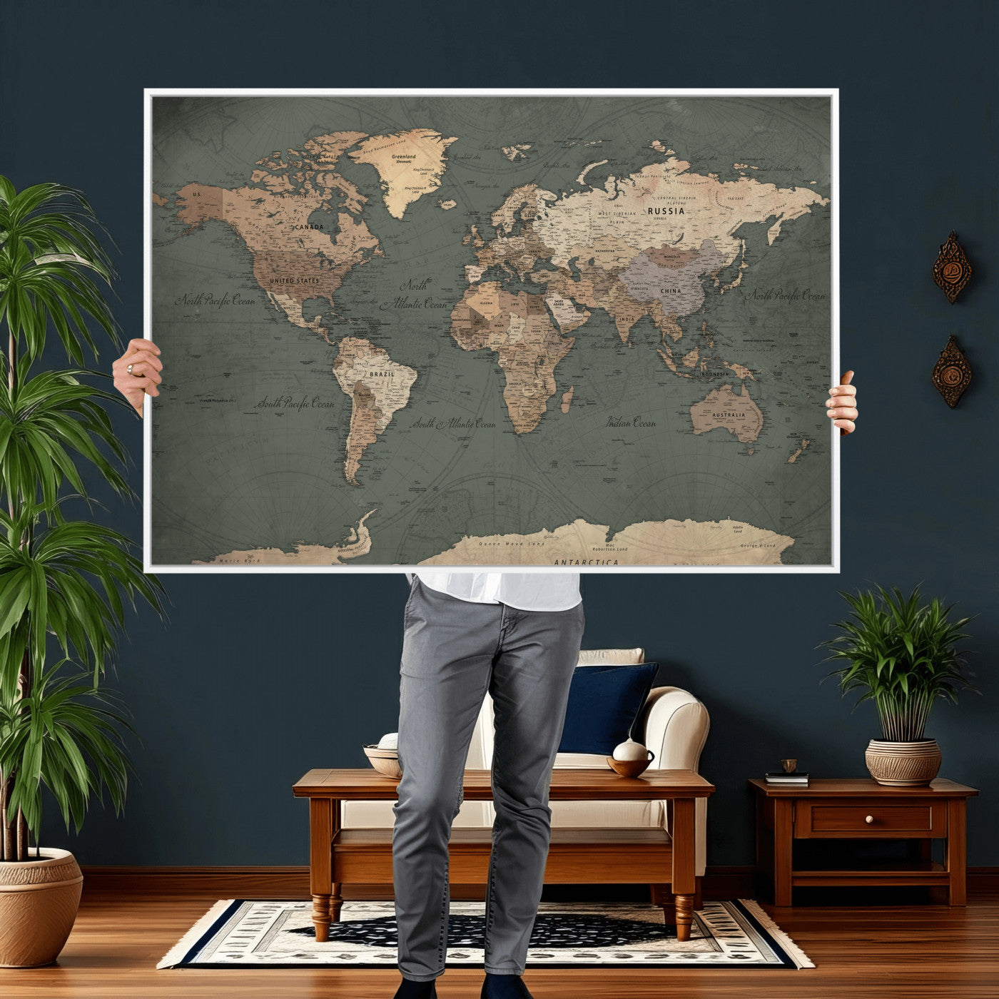 84619399-MGV-CV-36X24 - World Map Wall Art Canvas Print, Modern Decorative Framed Map Artwork Prints for Living Room, Office, Bedroom Wall Decor