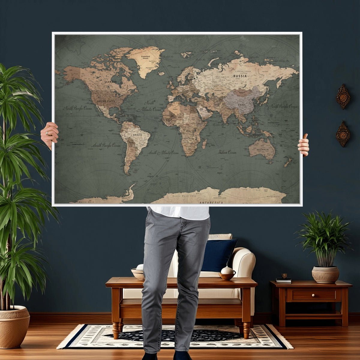 84619399-MGV-CV-36X24 - World Map Wall Art Canvas Print, Modern Decorative Framed Map Artwork Prints for Living Room, Office, Bedroom Wall Decor