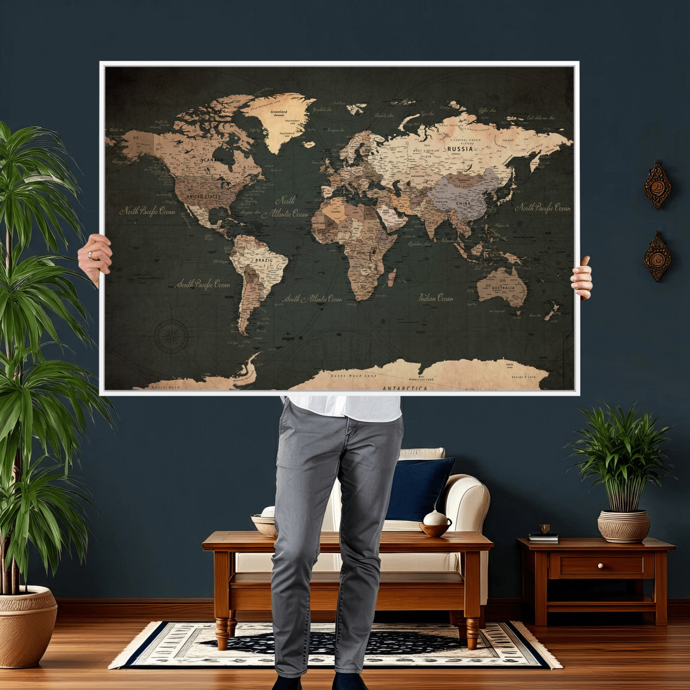 62059333-MGV-CV-36X24 - World Map Wall Art Canvas Print, Modern Decorative Framed Map Artwork Prints for Living Room, Office, Bedroom Wall Decor