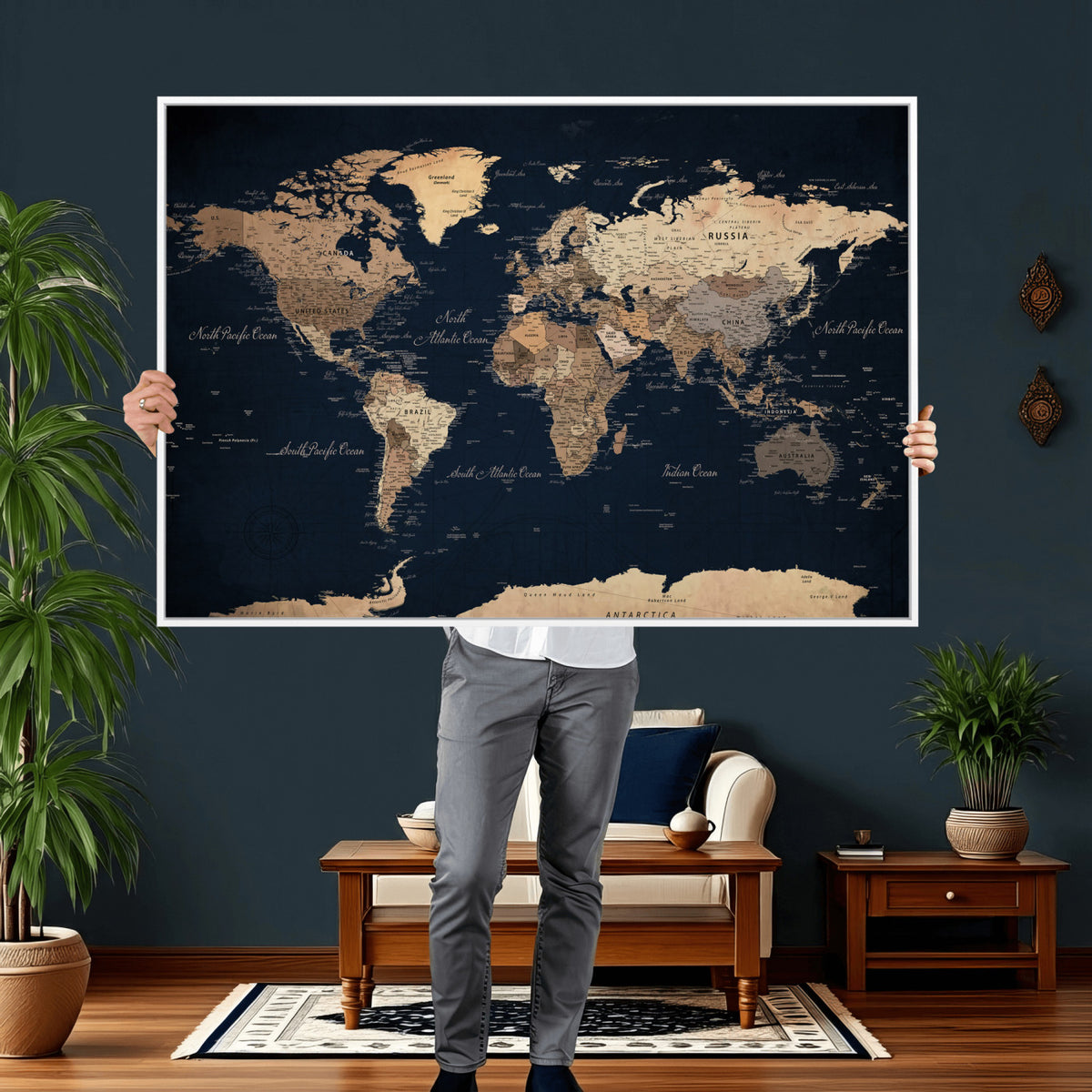 53971530-MGV-CV-36X24 - World Map Wall Art Canvas Print, Modern Decorative Framed Map Artwork Prints for Living Room, Office, Bedroom Wall Decor
