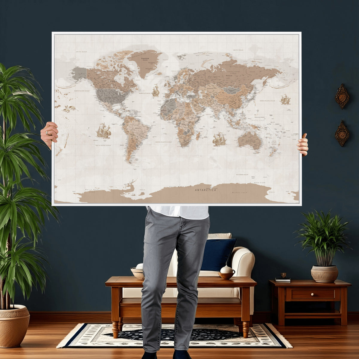 85057279-MGV-CV-36X24 - Framed Large World Map Canvas Print for Office Decor