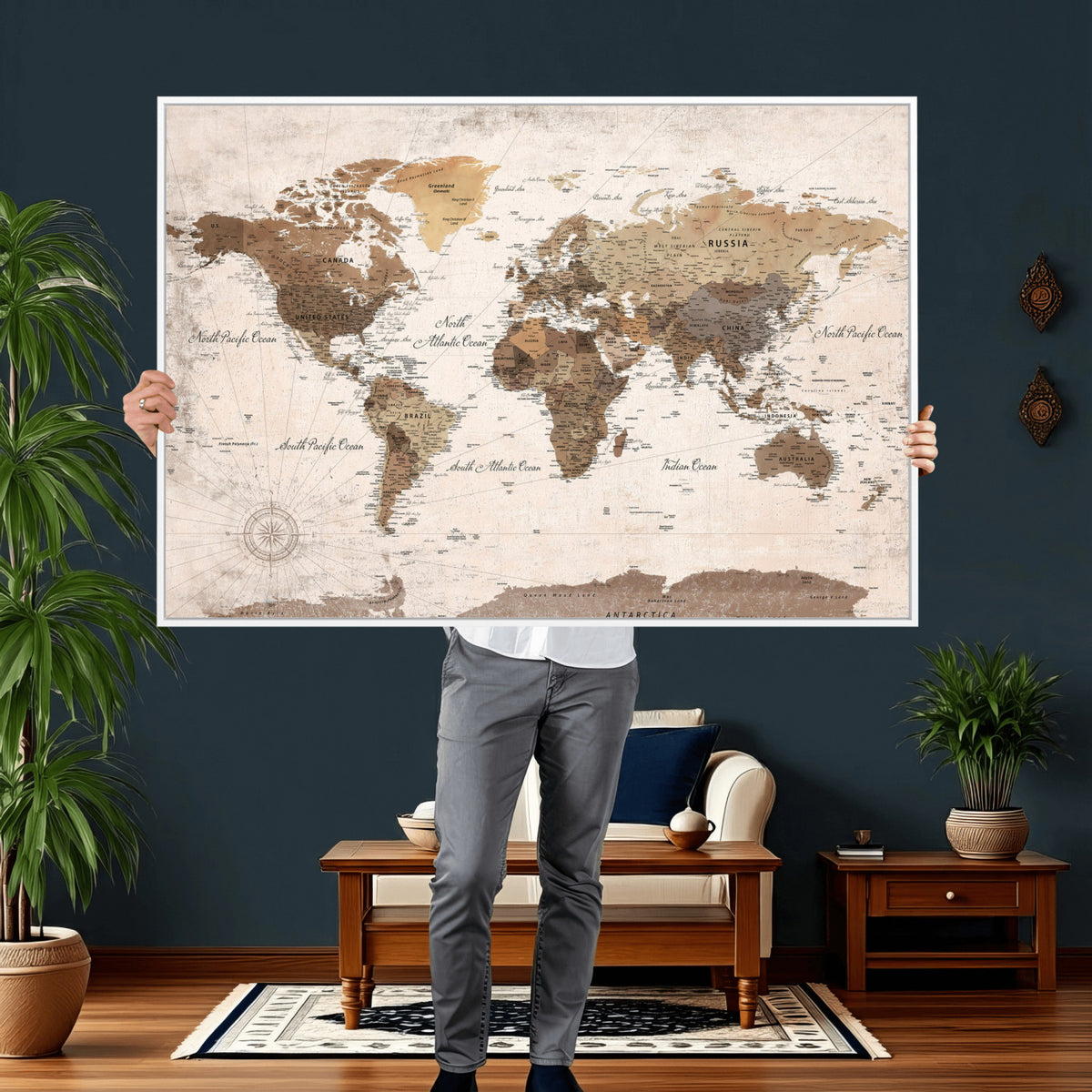 38923639-MGV-CV-36X24 - World Map Wall Art Canvas Print, Modern Decorative Framed Map Artwork Prints for Living Room, Office, Bedroom Wall Decor
