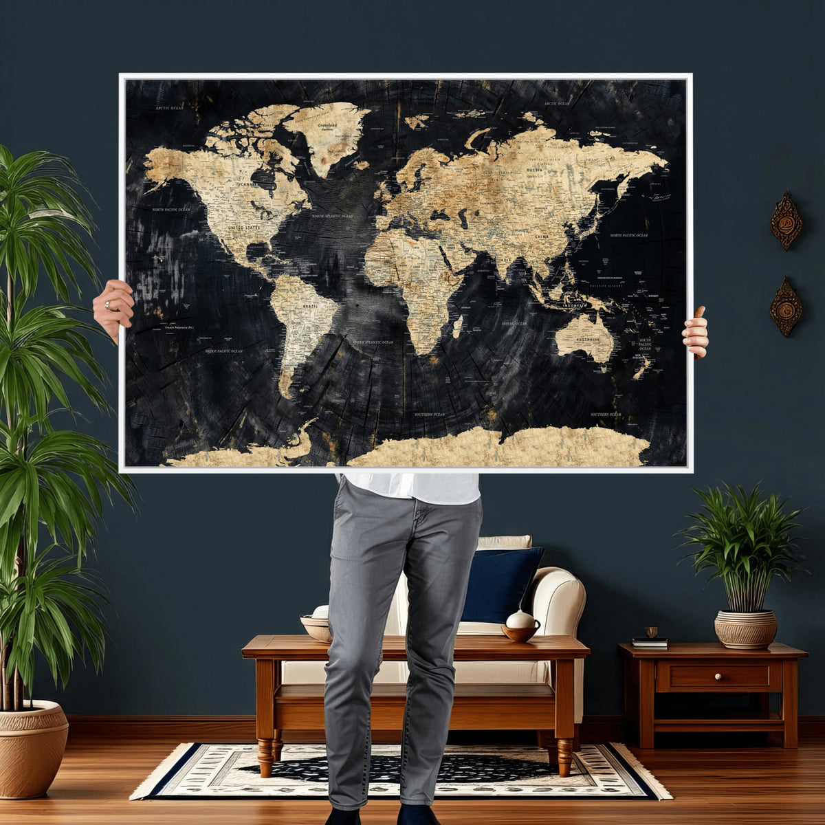 45535041-MGV-CV-36X24 - Framed Large World Map Wall Art Canvas Print for Living Room