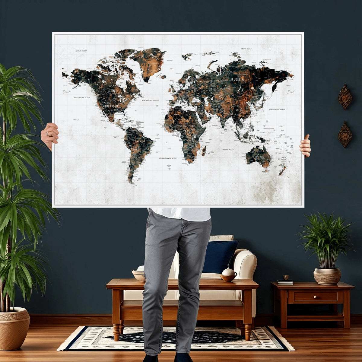 60008766-MGV-CV-36X24 - Large World Map Canvas Print – Framed Travel Map Wall Art
