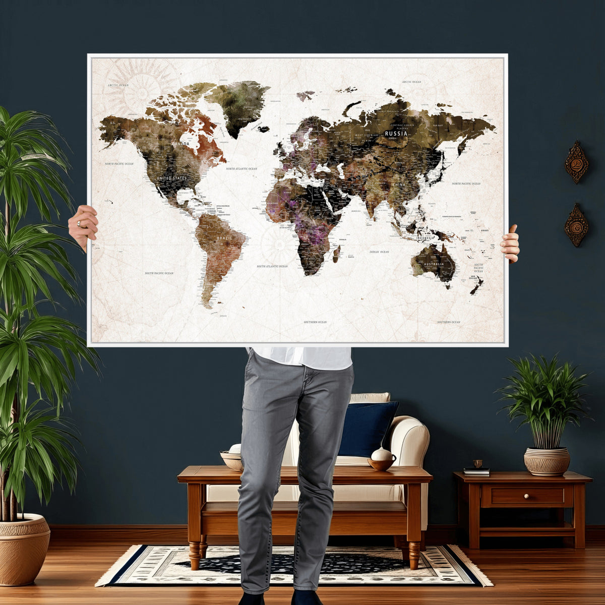 77651968-MGV-CV-36X24 - Watercolor World Map Print - Large Wall Art Canvas Print for