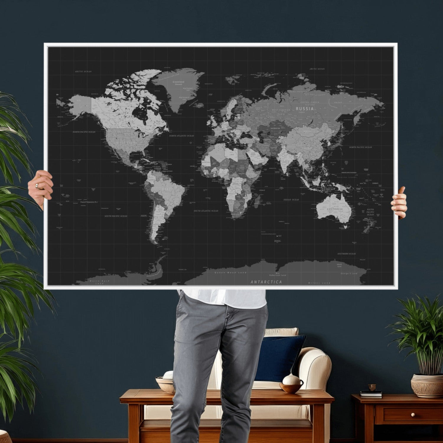46160121-MGV-CV-36X24 - World Map Wall Art Canvas Print, Modern Decorative Framed Map Artwork Prints for Living Room, Office, Bedroom Wall Decor