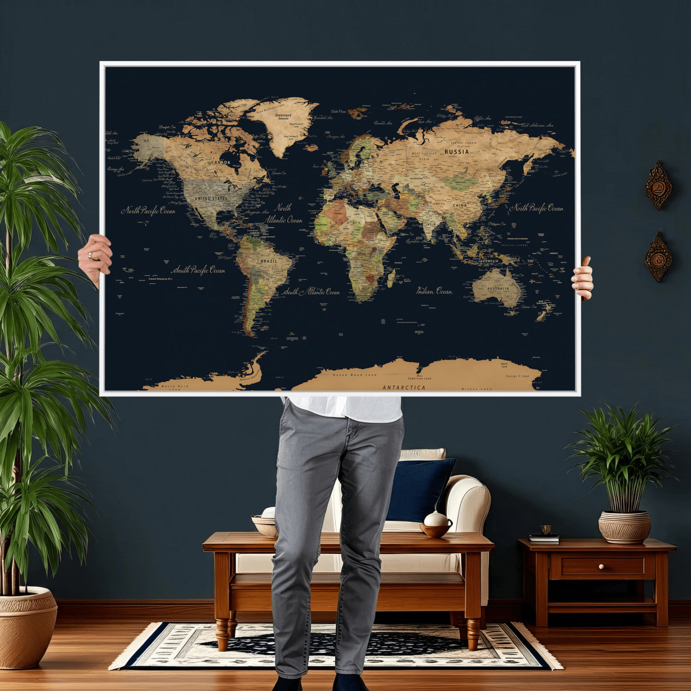 94449133-MGV-CV-36X24 - World Map Wall Art Canvas Print, Modern Decorative Framed Map Artwork Prints for Living Room, Office, Bedroom Wall Decor