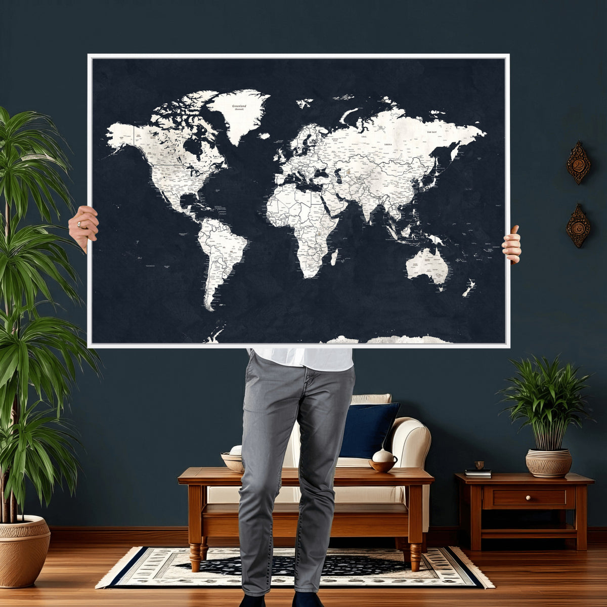 11963807-MGV-CV-36X24 - Black World Map Wall Art Canvas Print for Home Office and Meeting Room Decor