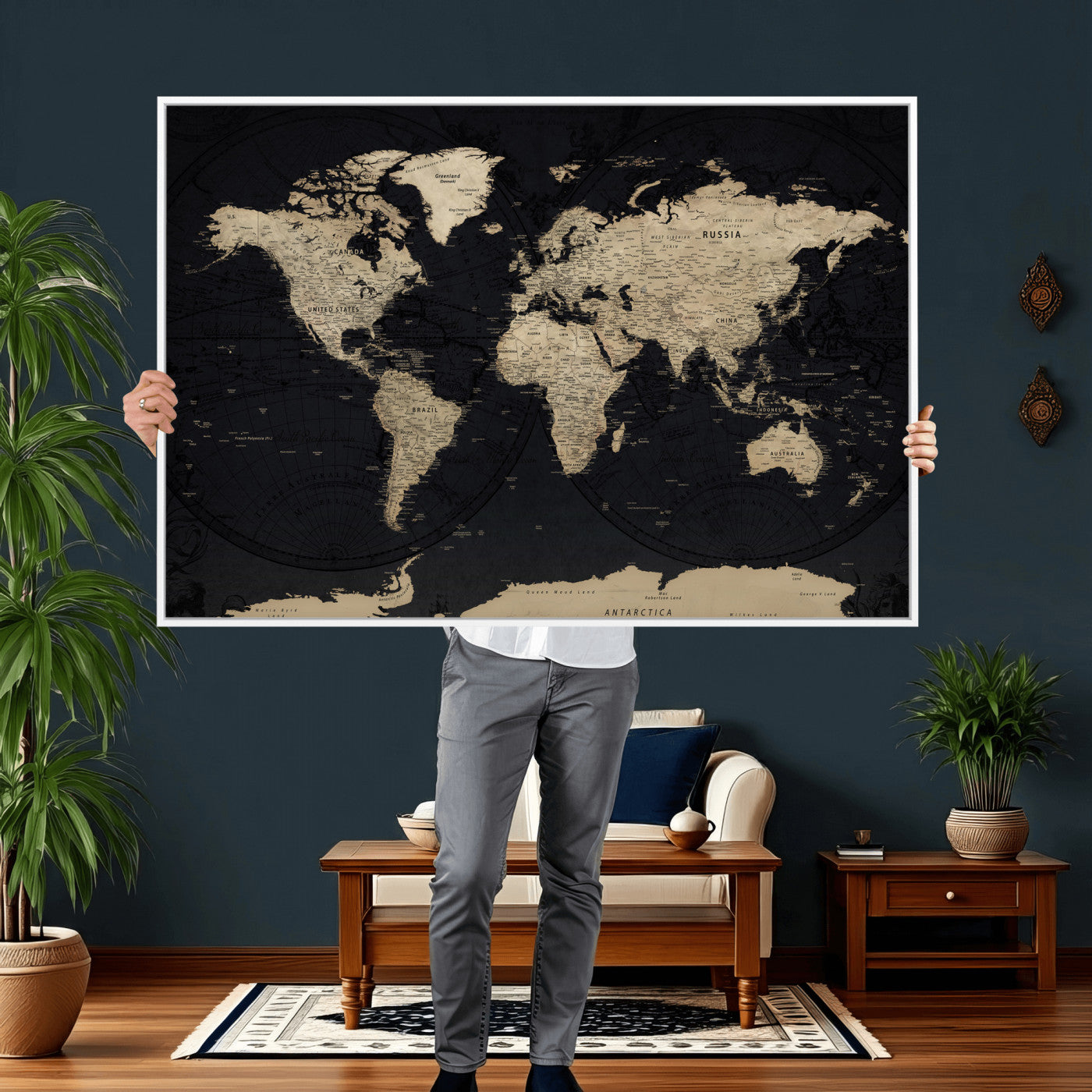 61835687-MGV-CV-36X24 - World Map Wall Art Canvas Print, Modern Decorative Framed Map Artwork Prints for Living Room, Office, Bedroom Wall Decor