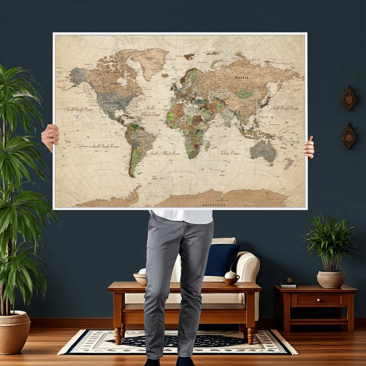 16856902-MGV-CV-36X24 - Vintage World Map Canvas Wall Art - Rustic Grunge Texture