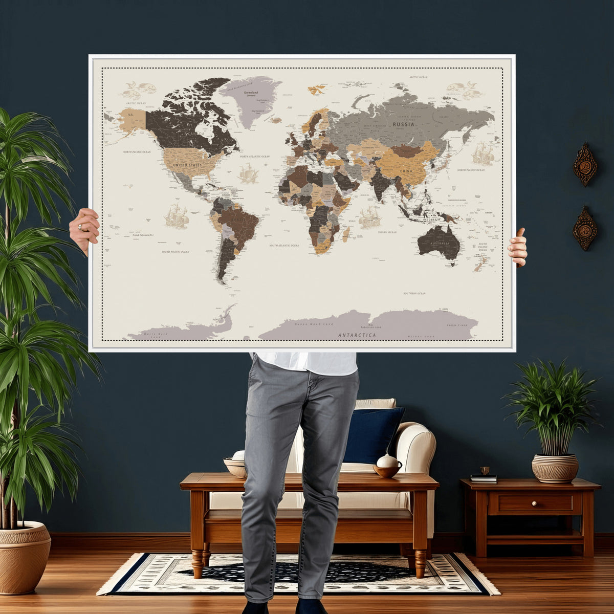 58777746-MGV-CV-36X24 - Custom Beige Modern Push Pin World Map Canvas Print, Places Visited Tracker, Bedroom and Study Decor