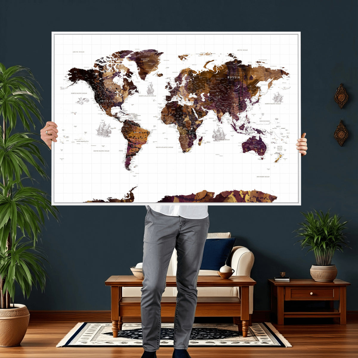 34792695-MGV-CV-36X24 - Rustic World Map Wall Art Canvas Print | Large Vintage Blue World Map on Wood Grain Style Background