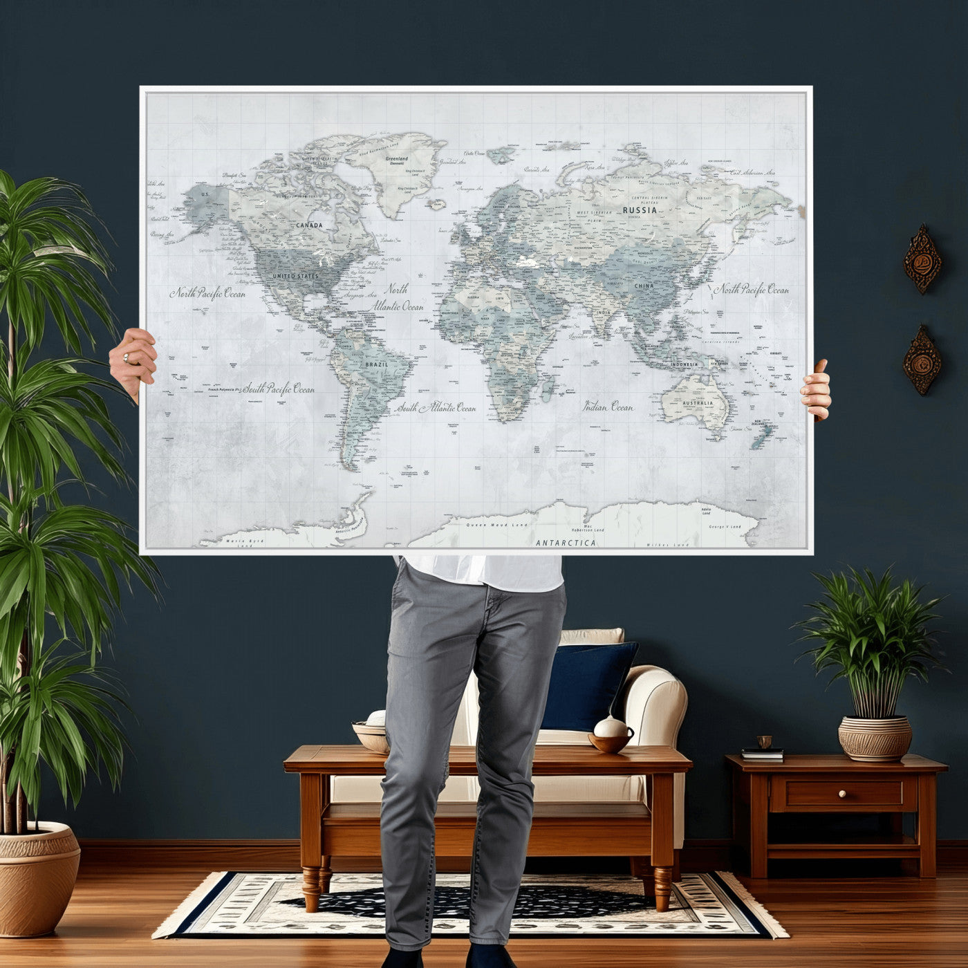 71091917-MGV-CV-36X24 - World Map Wall Art Canvas Print, Modern Decorative Framed Map Artwork Prints for Living Room, Office, Bedroom Wall Decor