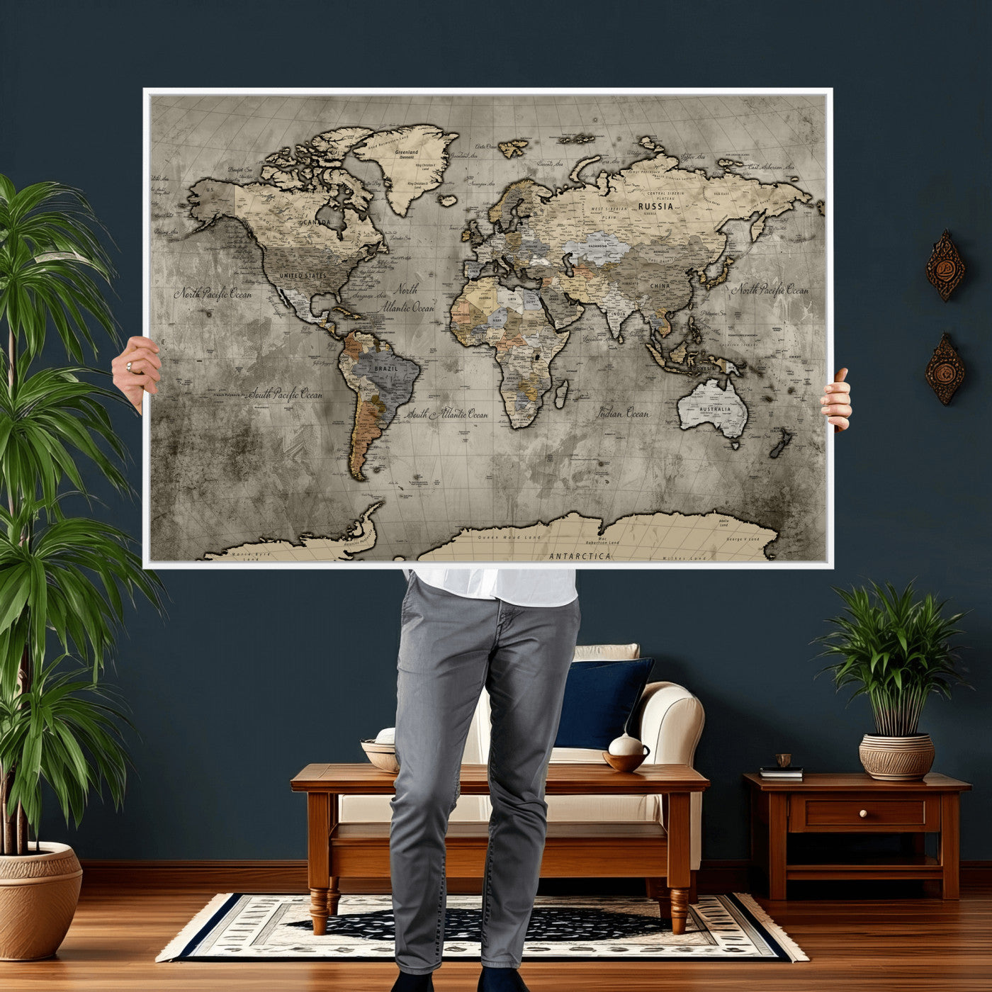 85218700-MGV-CV-36X24 - World Map Wall Art Canvas Print, Modern Decorative Framed Map Artwork Prints for Living Room, Office, Bedroom Wall Decor