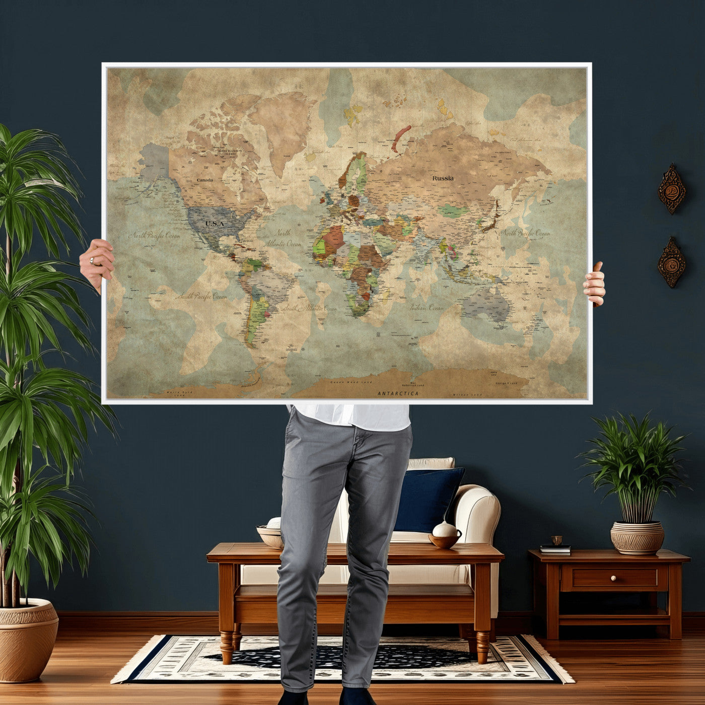 31492148-MGV-CV-36X24 - World Map Wall Art Canvas Print, Modern Decorative Framed Map Artwork Prints for Living Room, Office, Bedroom Wall Decor