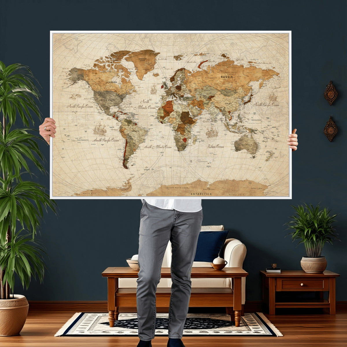 29684537-MGV-CV-36X24 - Vintage World Map Canvas Print, Framed Rustic Detailed Map of the World, Explorer Decor