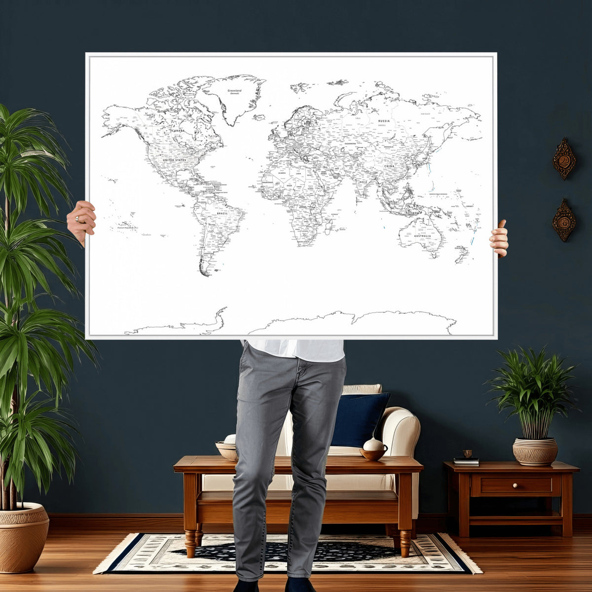 21002736-MGV-CV-36X24 - World Map Canvas Print, Framed Modern Detailed Map of the World for Home or Office