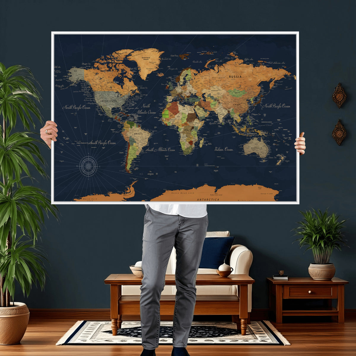 11715182-MGV-CV-36X24 - Modern World Map Canvas Print, Framed Detailed Map of the World Wall Art